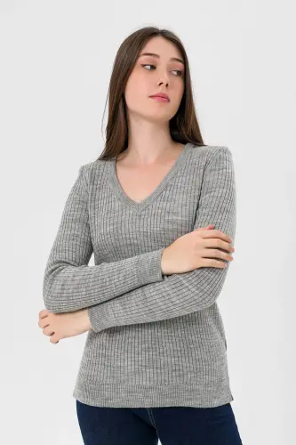 Kadın V Yaka Slim Fit Fitilli Uzun Kışlık Ekru Triko Kazak-Gri - MISS POEM (1)