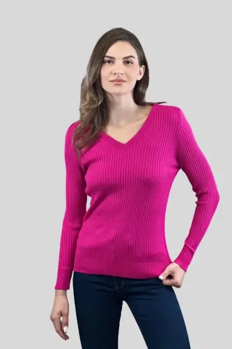 Kadın V Yaka Slim Fit Fitilli Uzun Kışlık Ekru Triko Kazak-Fuşya - 1