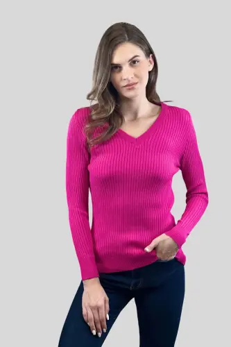 Kadın V Yaka Slim Fit Fitilli Uzun Kışlık Ekru Triko Kazak-Fuşya - 4