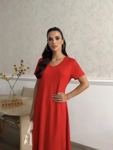 Kadın V Yaka Yırtmaç Detaylı Midi Boy Elbise - 4