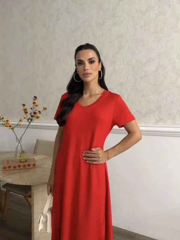 Kadın V Yaka Yırtmaç Detaylı Midi Boy Elbise - 4