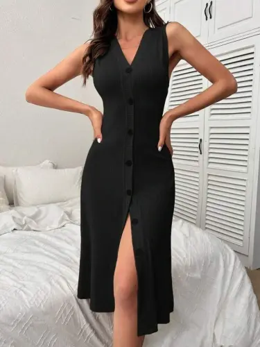 Kadın V Yakalı önden Düğmeli Kaşkorse Elbise - 1