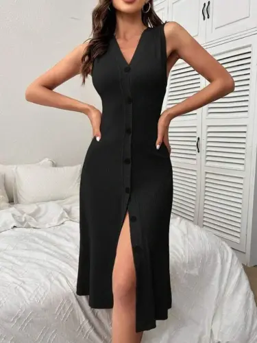 Kadın V Yakalı önden Düğmeli Kaşkorse Elbise - 5