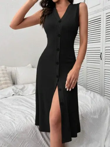 Kadın V Yakalı önden Düğmeli Kaşkorse Elbise - 6