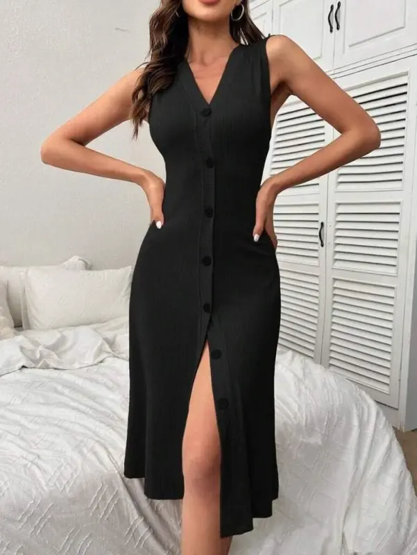 Kadın V Yakalı önden Düğmeli Kaşkorse Elbise - BÜYÜKBEDENIZ