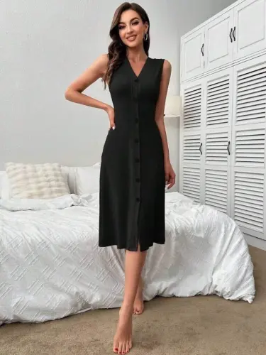 Kadın V Yakalı önden Düğmeli Kaşkorse Elbise - BÜYÜKBEDENIZ (1)