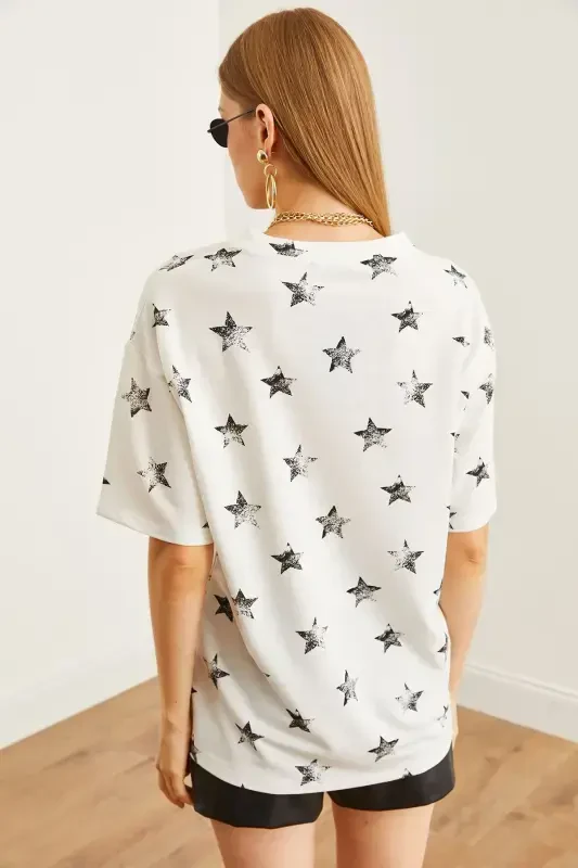 Kadın Varak Beyaz Varak Baskılı Oversize Tişört TSH-19000827 - 7