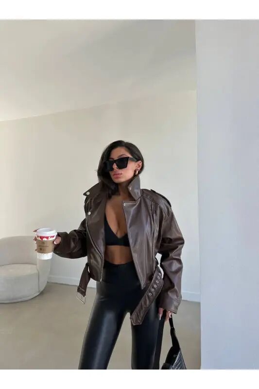 Kadın Vintage Görünümlü Yıkamalı Bomber Suni Kemerli Deri Biker Ceket - kahverengi - buqre's moda