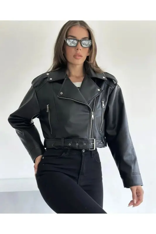 Kadın Vintage Görünümlü Yıkamalı Bomber Suni Kemerli Deri Biker Ceket - siyah - 1