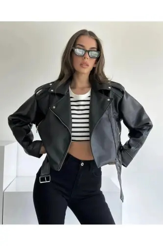 Kadın Vintage Görünümlü Yıkamalı Bomber Suni Kemerli Deri Biker Ceket - siyah - 3