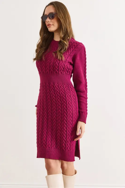 Kadın Vişne Çürüğü Beli Bantlı Yırtmaçlı Saç Örgü Mini Elbise ELB-19002289-Vişne Çürüğü - 1