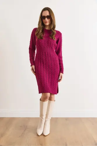 Kadın Vişne Çürüğü Beli Bantlı Yırtmaçlı Saç Örgü Mini Elbise ELB-19002289-Vişne Çürüğü - 2