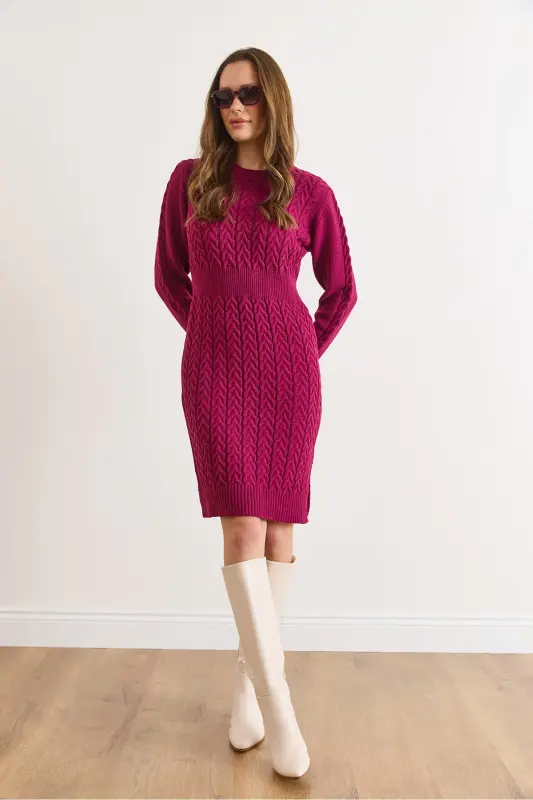 Kadın Vişne Çürüğü Beli Bantlı Yırtmaçlı Saç Örgü Mini Elbise ELB-19002289-Vişne Çürüğü - 4