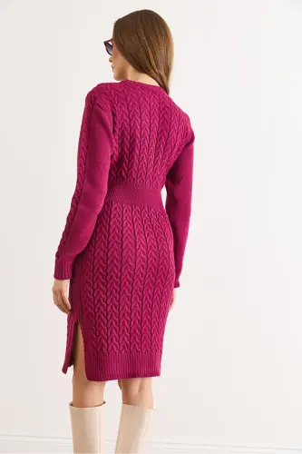 Kadın Vişne Çürüğü Beli Bantlı Yırtmaçlı Saç Örgü Mini Elbise ELB-19002289-Vişne Çürüğü - 3