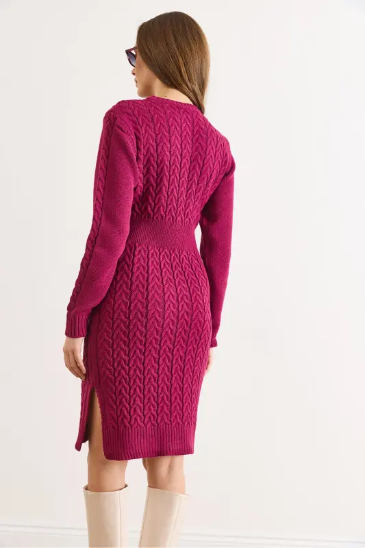 Kadın Vişne Çürüğü Beli Bantlı Yırtmaçlı Saç Örgü Mini Elbise ELB-19002289-Vişne Çürüğü - 3