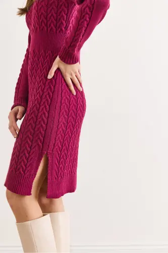 Kadın Vişne Çürüğü Beli Bantlı Yırtmaçlı Saç Örgü Mini Elbise ELB-19002289-Vişne Çürüğü - 5