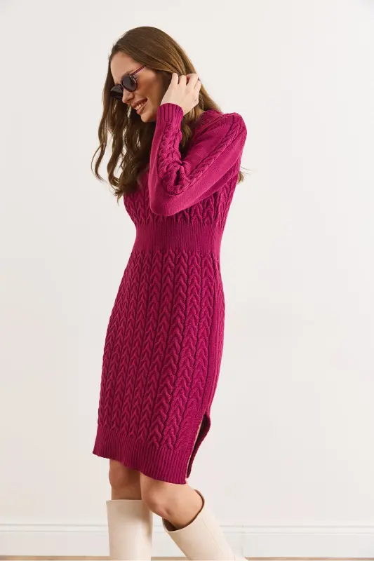 Kadın Vişne Çürüğü Beli Bantlı Yırtmaçlı Saç Örgü Mini Elbise ELB-19002289-Vişne Çürüğü - 6