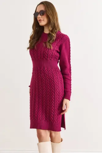 Kadın Vişne Çürüğü Beli Bantlı Yırtmaçlı Saç Örgü Mini Elbise ELB-19002289-Vişne Çürüğü 