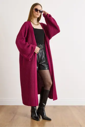 Kadın Vişne Çürüğü Manşeti Katlamalı Maxi Triko Hırka HRK-19000297-Vişne Çürüğü - 4