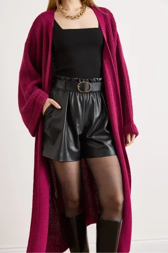 Kadın Vişne Çürüğü Manşeti Katlamalı Maxi Triko Hırka HRK-19000297-Vişne Çürüğü - 5