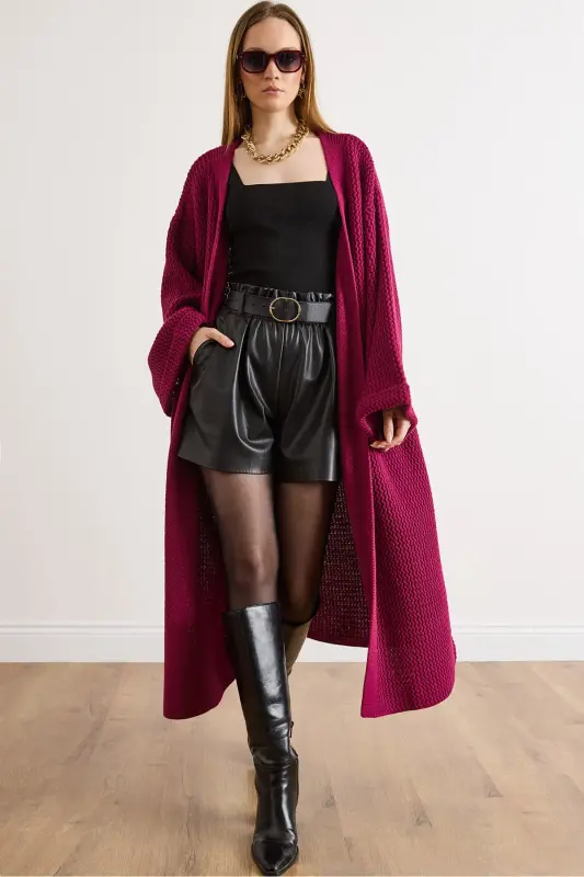 Kadın Vişne Çürüğü Manşeti Katlamalı Maxi Triko Hırka HRK-19000297-Vişne Çürüğü - 1