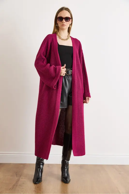 Kadın Vişne Çürüğü Manşeti Katlamalı Maxi Triko Hırka HRK-19000297-Vişne Çürüğü - 2