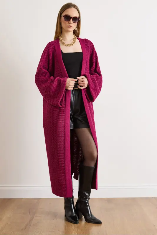 Kadın Vişne Çürüğü Manşeti Katlamalı Maxi Triko Hırka HRK-19000297-Vişne Çürüğü - 3