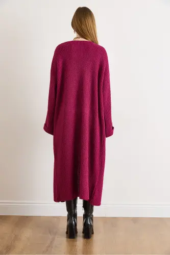 Kadın Vişne Çürüğü Manşeti Katlamalı Maxi Triko Hırka HRK-19000297-Vişne Çürüğü - 6