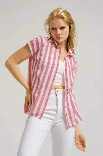 Kadın Vişne Desenli Kısa Kol Gömlek ARM-22Y001052-Vişne - ARMONIKA (1)