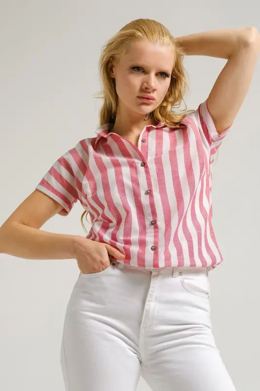 Kadın Vişne Desenli Kısa Kol Gömlek ARM-22Y001052-Vişne - 3