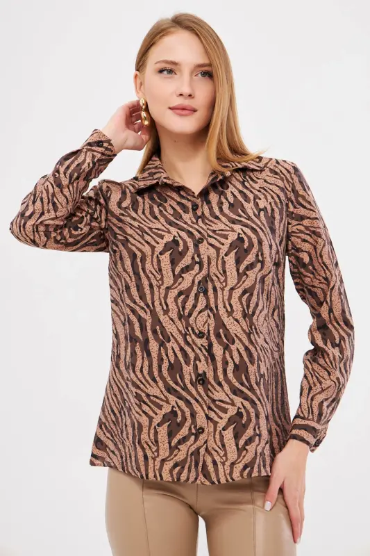 Kadın Vizon-Bej Desenli Uzun Kol Gömlek ARM-25K001040 - Vizon-Bej - 8