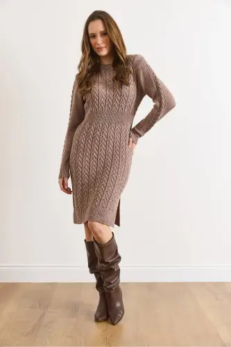 Kadın Vizon Beli Bantlı Yırtmaçlı Saç Örgü Mini Elbise ELB-19002289-Vizon - 2