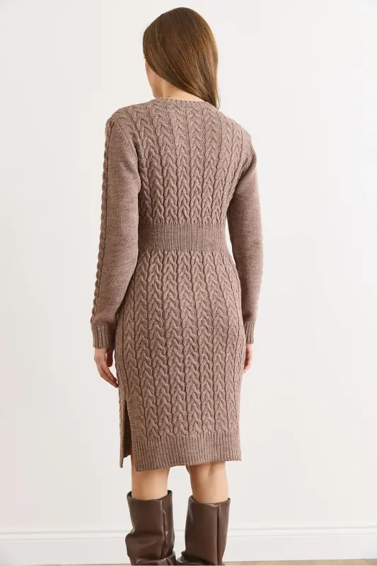 Kadın Vizon Beli Bantlı Yırtmaçlı Saç Örgü Mini Elbise ELB-19002289-Vizon - 3