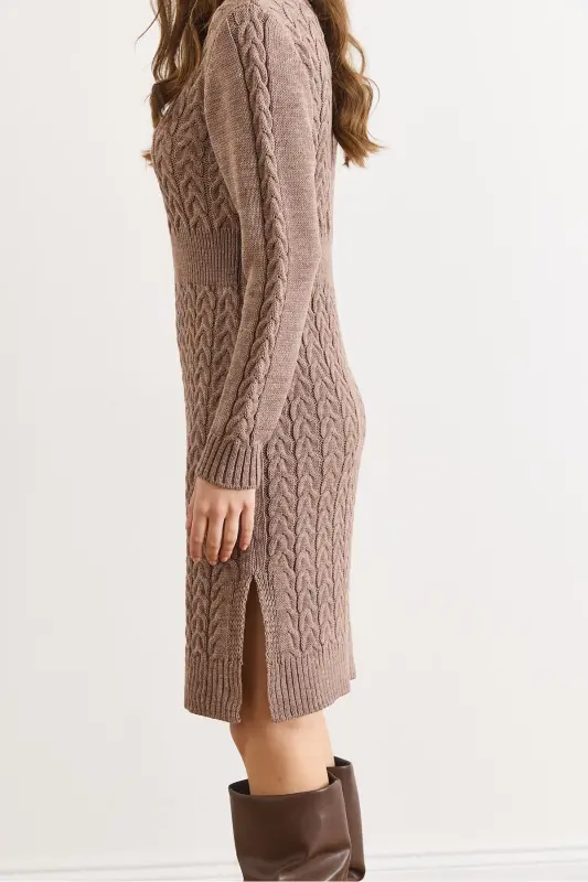 Kadın Vizon Beli Bantlı Yırtmaçlı Saç Örgü Mini Elbise ELB-19002289-Vizon - 4