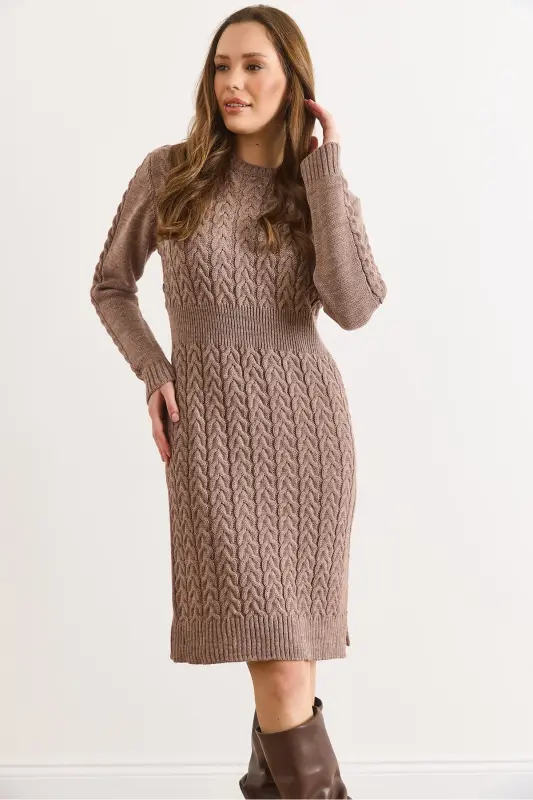 Kadın Vizon Beli Bantlı Yırtmaçlı Saç Örgü Mini Elbise ELB-19002289-Vizon - 5