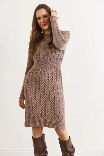 Kadın Vizon Beli Bantlı Yırtmaçlı Saç Örgü Mini Elbise ELB-19002289-Vizon - 6