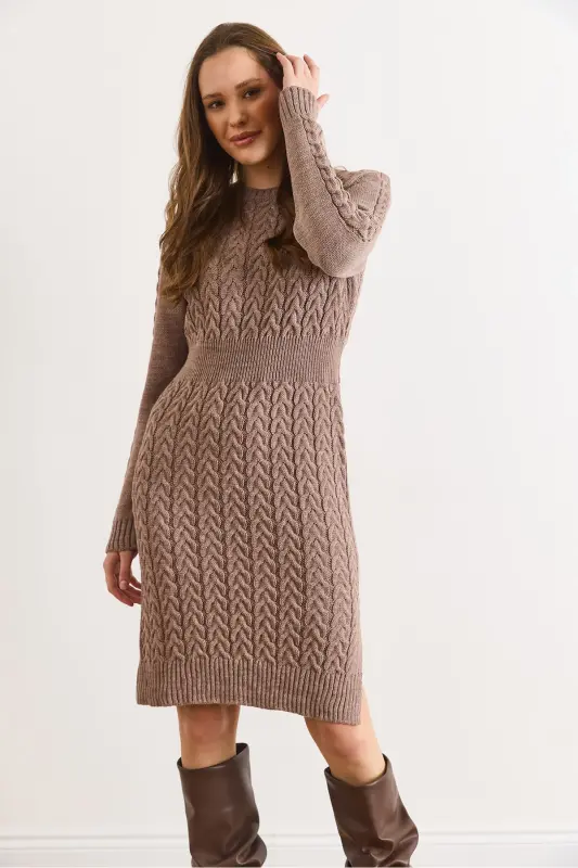 Kadın Vizon Beli Bantlı Yırtmaçlı Saç Örgü Mini Elbise ELB-19002289-Vizon - 6