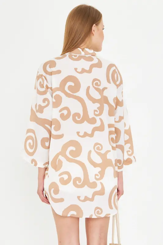 Kadın Vizon Beyaz Gömlek Yakalı Önden Bağcıklı Kimono Gömlek ARM-25K001006 - Vizon Beyaz - 4
