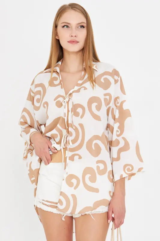 Kadın Vizon Beyaz Gömlek Yakalı Önden Bağcıklı Kimono Gömlek ARM-25K001006-Vizon Beyaz - 2