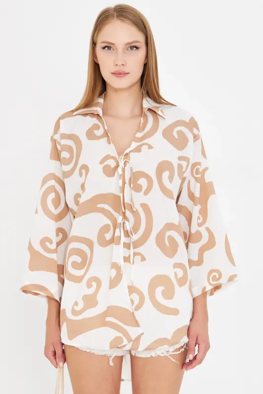 Kadın Vizon Beyaz Gömlek Yakalı Önden Bağcıklı Kimono Gömlek ARM-25K001006-Vizon Beyaz - ARMONIKA