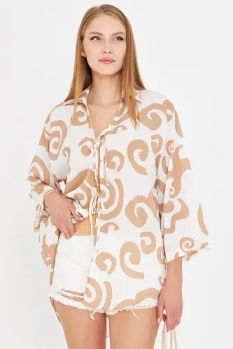 Kadın Vizon Beyaz Gömlek Yakalı Önden Bağcıklı Kimono Gömlek ARM-25K001006-Vizon Beyaz - ARMONIKA (1)