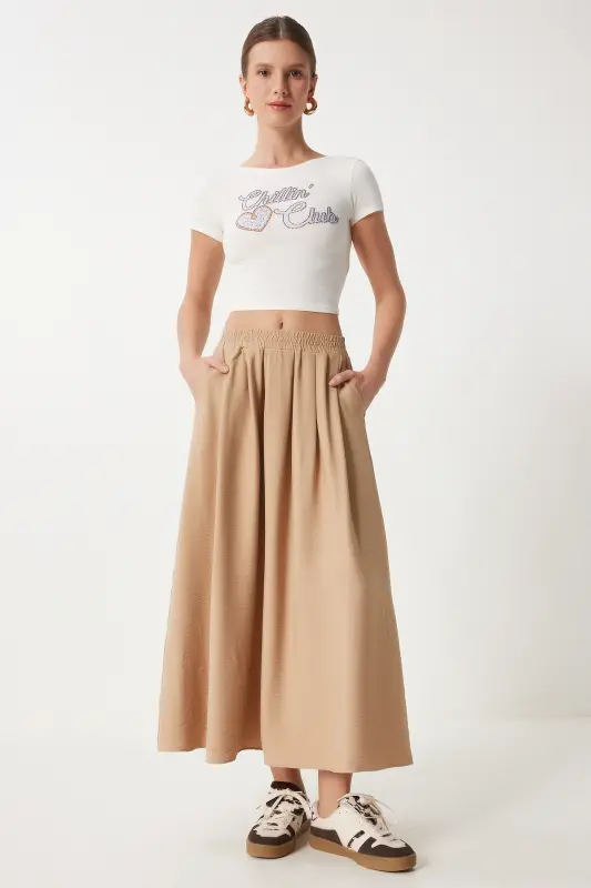 Kadın Vizon Cepli Uzun Kloş Dokuma Etek US00933-Vizon - 2