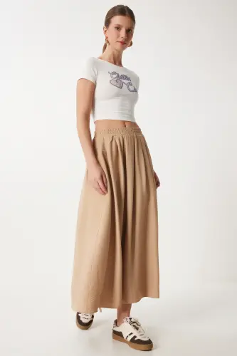 Kadın Vizon Cepli Uzun Kloş Dokuma Etek US00933-Vizon - 3