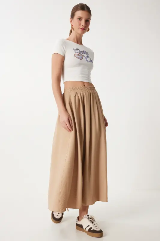 Kadın Vizon Cepli Uzun Kloş Dokuma Etek US00933-Vizon - 3