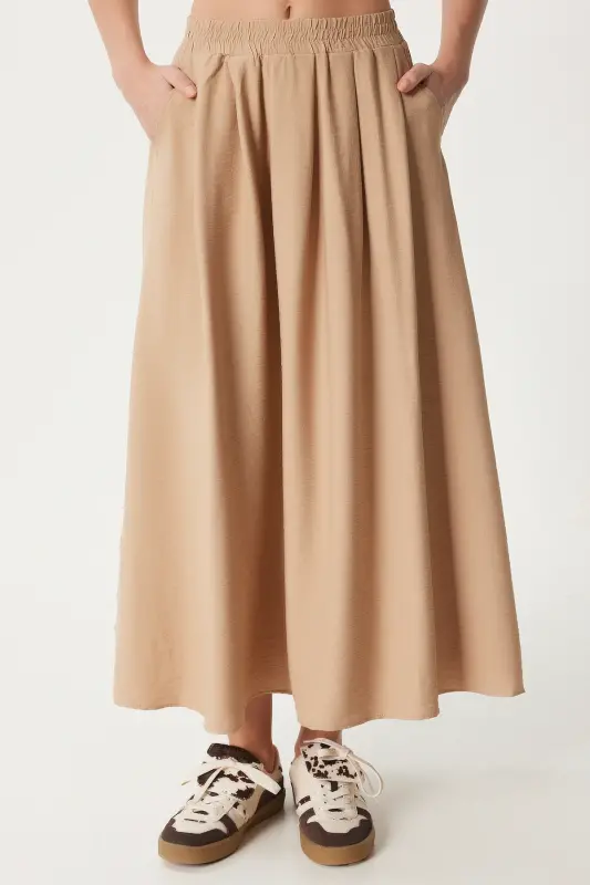 Kadın Vizon Cepli Uzun Kloş Dokuma Etek US00933-Vizon - 4