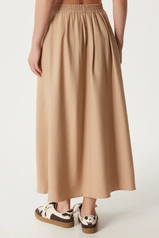 Kadın Vizon Cepli Uzun Kloş Dokuma Etek US00933-Vizon - 5