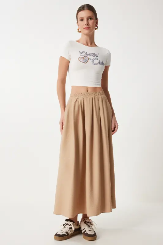 Kadın Vizon Cepli Uzun Kloş Dokuma Etek US00933-Vizon - HAPPINESS İSTANBUL