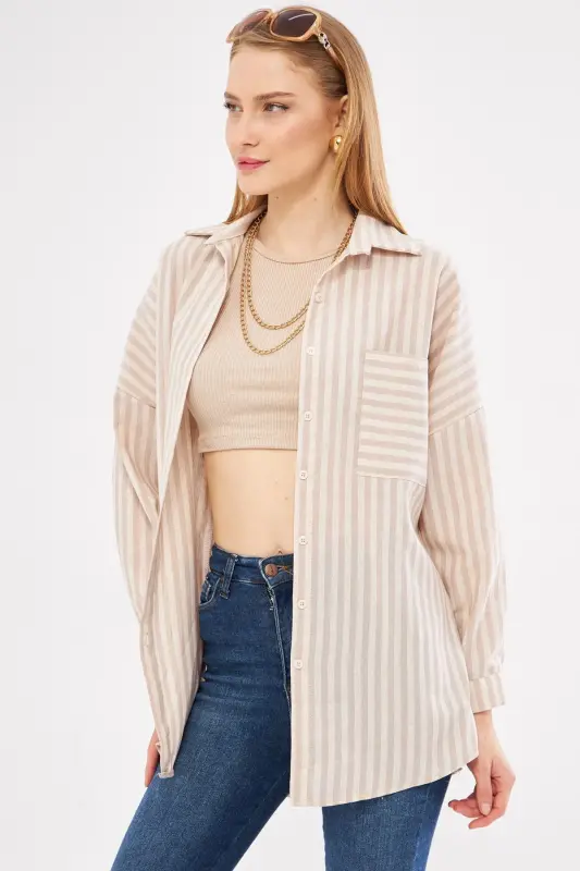 Kadın Vizon Çizgili Uzun Kol Cep Detaylı Pileli Oversize Gömlek ARM-24Y001057-Vizon - ARMONIKA