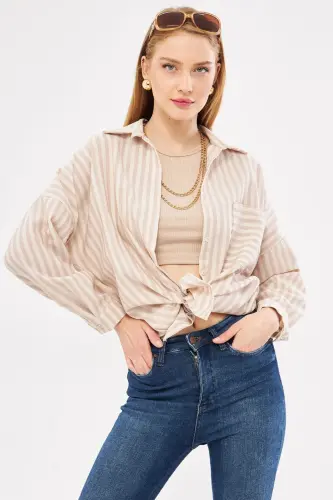 Kadın Vizon Çizgili Uzun Kol Cep Detaylı Pileli Oversize Gömlek ARM-24Y001057-Vizon - 3