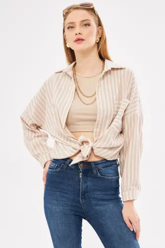 Kadın Vizon Çizgili Uzun Kol Cep Detaylı Pileli Oversize Gömlek ARM-24Y001057-Vizon - 4